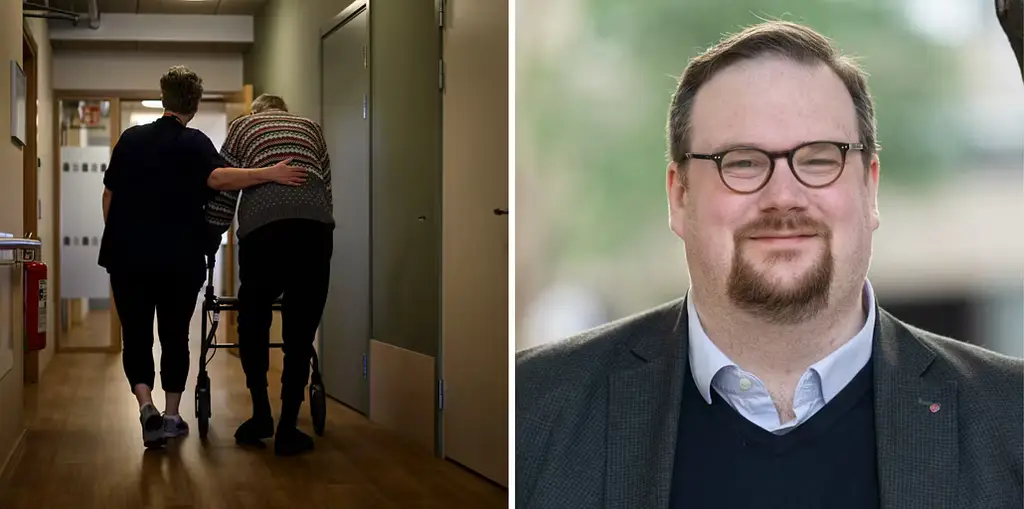 Till vänster: Genrebild från äldreboende. Till höger: Simon Petersson är avtalssekreterare på IF Metall.