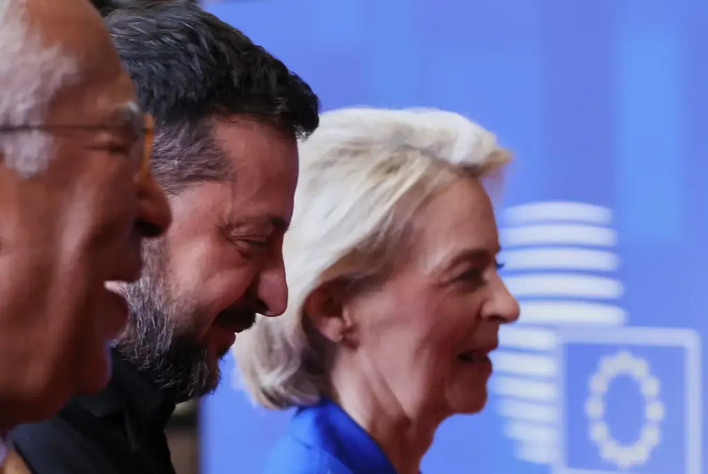 Europeiska rådets ordförande Antonio Costa, Ukrainas president  Volodymyr Zelenskyj och EU-kommissionens ordförande Ursula von der Leyen.