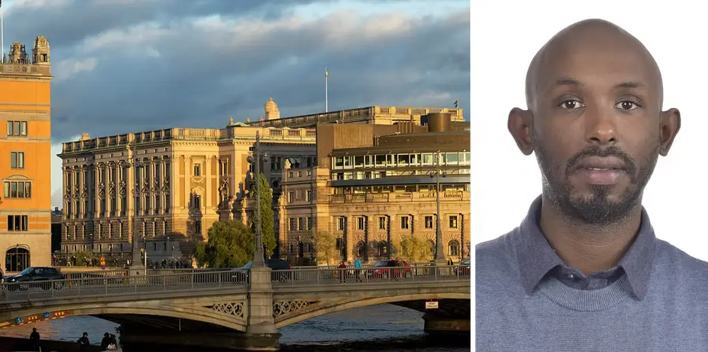 Riksdagen i Stockholm och V-ledamoten Mohamed Ali.
