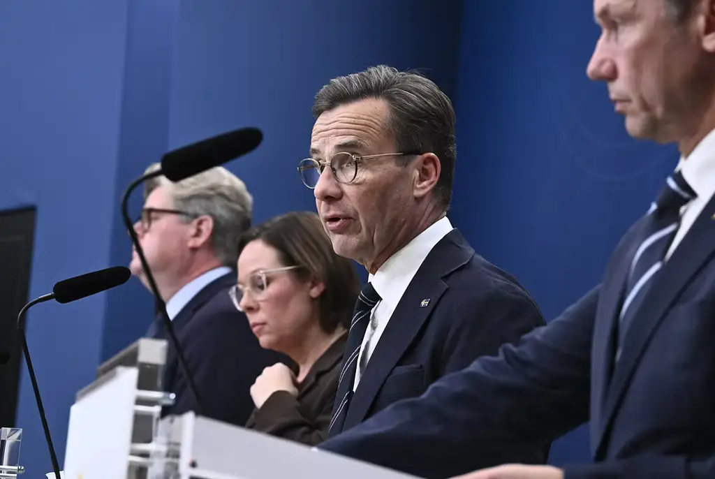 
Statsminister Ulf Kristersson (M), utrikesminister Maria Malmer Stenergard (M), försvarsminister Pål Jonson (M) (th) och justitieminister Gunnar Strömmer (M) (tv) under pressträffen.