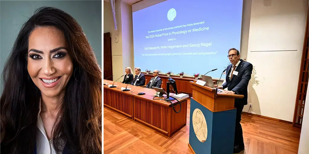 Mouna Esmaeilzadeh, till vänster. Thomas Perlmann, sekreterare i Nobelförsamlingen och Nobelkommittén vid Karolinska Institutet till höger.
