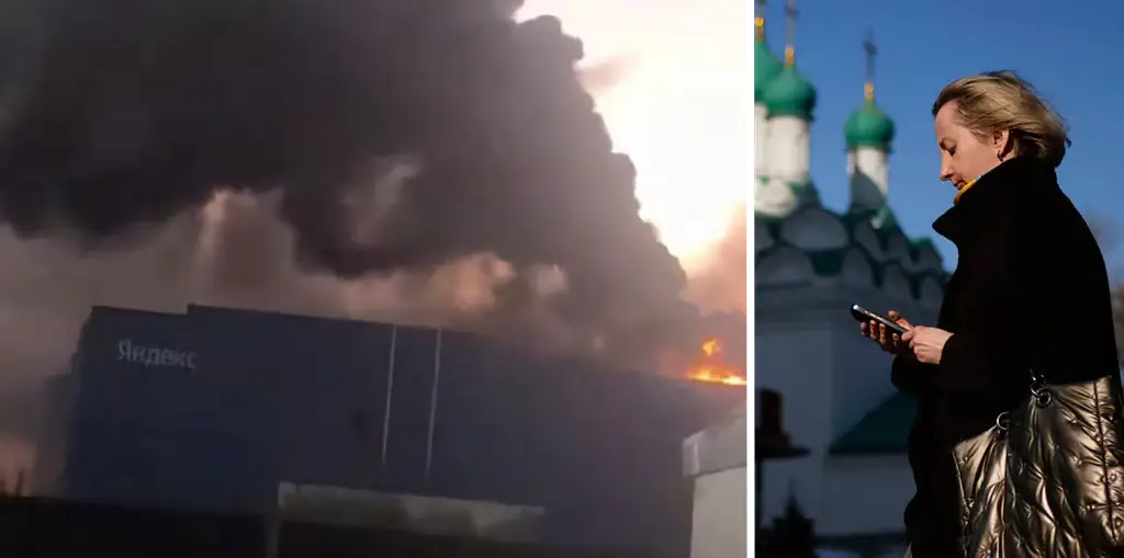 Bild från en video som sprids på sociala medier och som sägs visa drönarattacken 8 oktober mot Yandex datacenter i regionen Rjazan. Bilden till höger: Arkivbild.