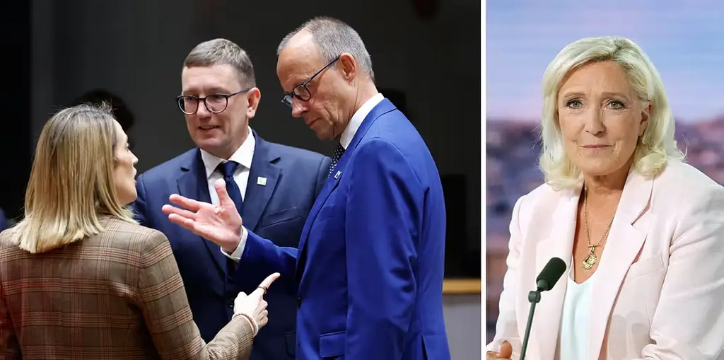 Till vänster: Europaparlamentets president Roberta Metsola, Estlands premiärminister Kristen Michal och Tysklands förbundskansler Friedrich Merz under dagens möte i Bryssel. Till höger: Marine Le Pen inför en tv-sändning i somras.