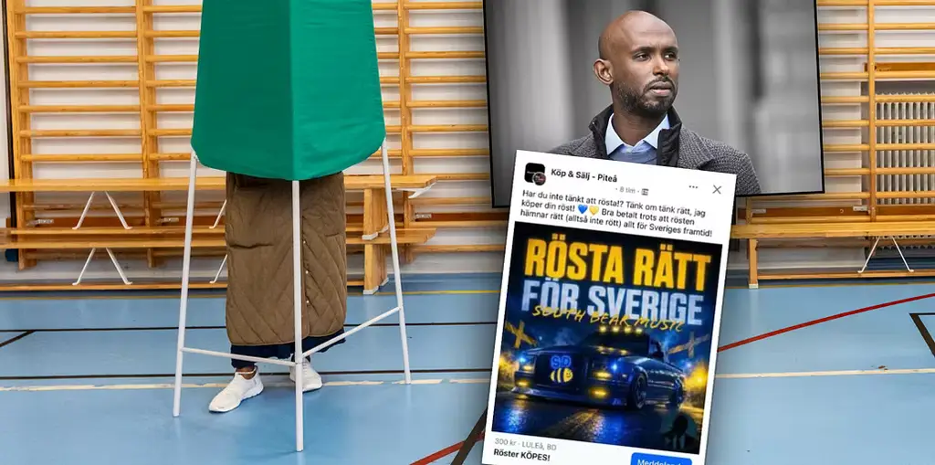 Väljare röstar i en vallokal den 13 september. På bilden till höger Vänsterpartiets kryssraket Mohamed Ali, som är huvudpersonen i utredningen av misstänkt valfusk i Borlänge. Själv nekar han till all inblanding. Nederst i bild en skärmdump från en annons för röstköp. SD har tagit avstånd från tilltaget och nekar till inblandning.