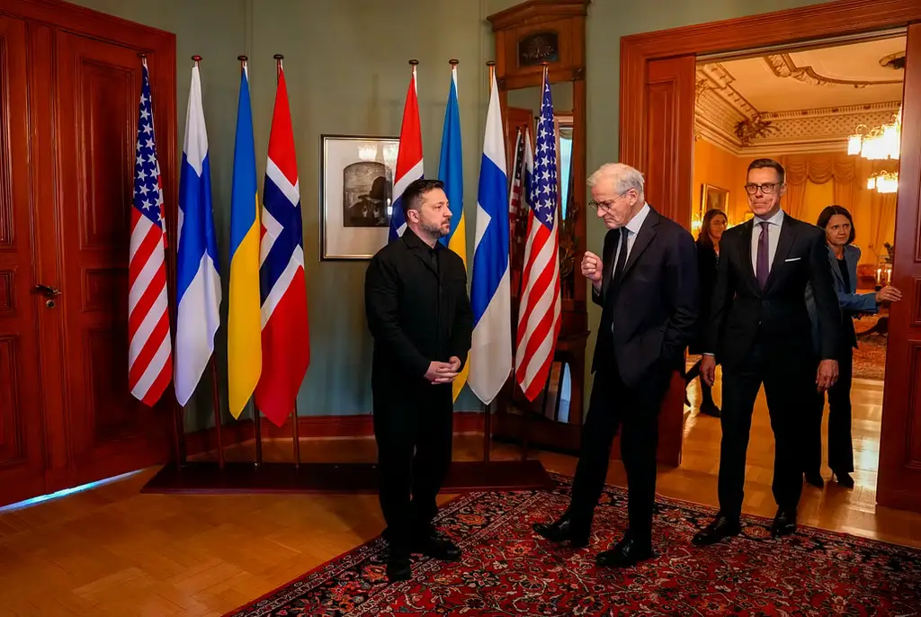 Volodymyr Zelenskyj i Oslo på tisdagen, i samtal med Jonas Gahr Støre.
