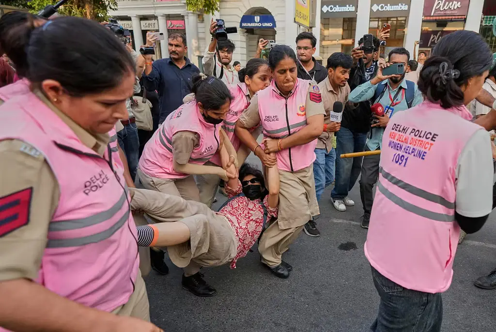Poliser i Indien griper en medlem i Kackerlackorna under helgens protester.
