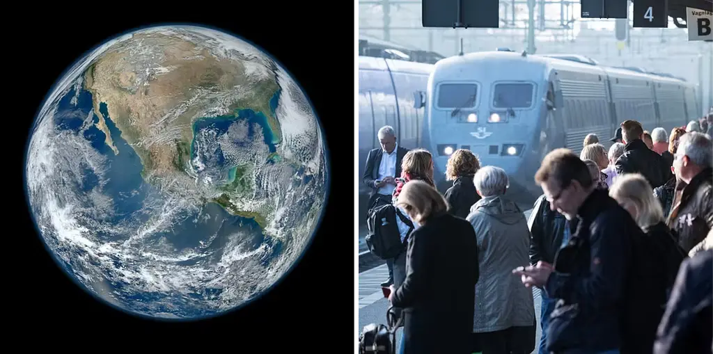 Jordklotet sett från rymden/människor på Lunds central.