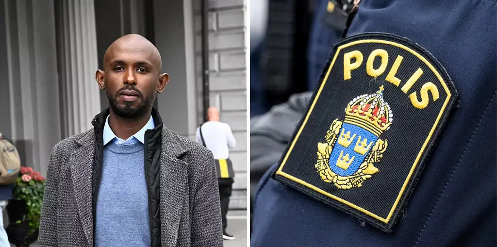 Till vänster: Mohamed Abdukardir Ali (V). Till höger: Genrebild på polis.